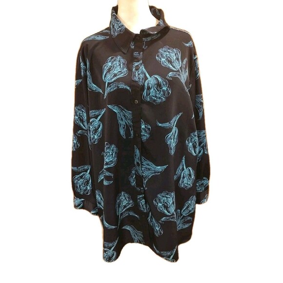 Susan Graver Blouse Womens Size 20W Blue Floral Button Front Long Sleeve **READ* - Picture 1 of 11